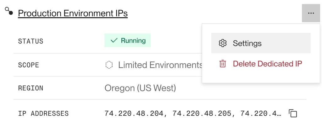 The options menu for a dedicated IP set