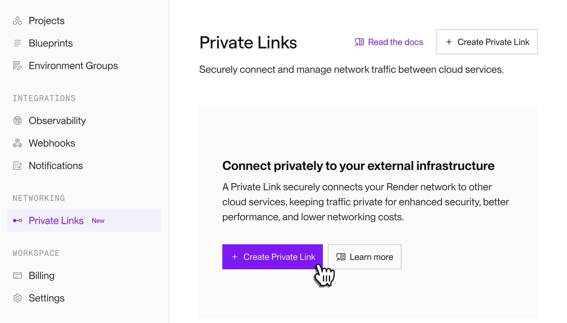 Creating a private link in the Render Dashboard