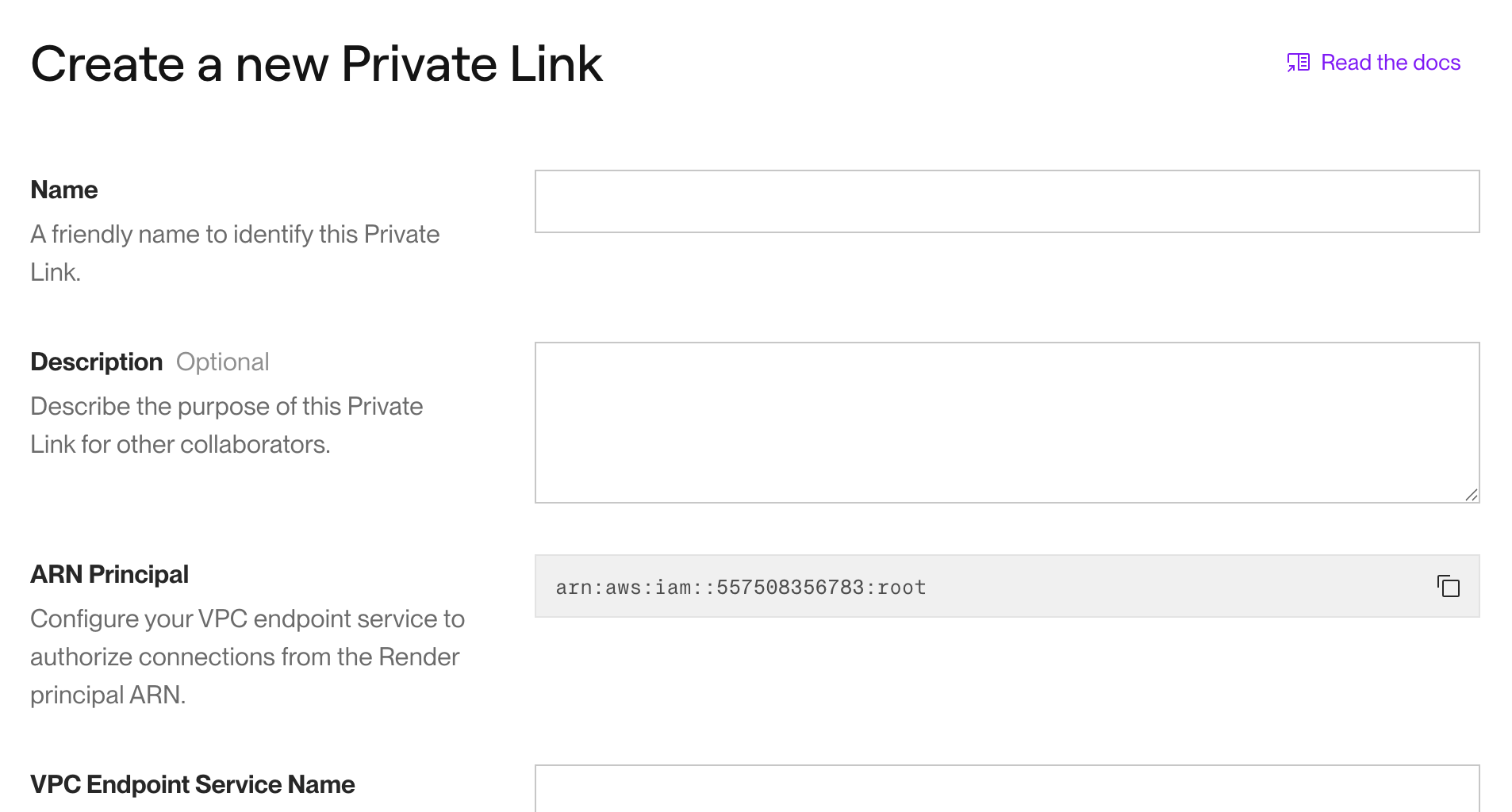 The private link creation form in the Render Dashboard