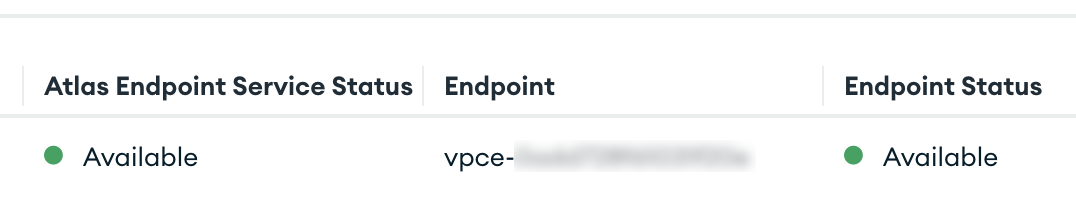 A MongoDB Atlas endpoint with status "Available"