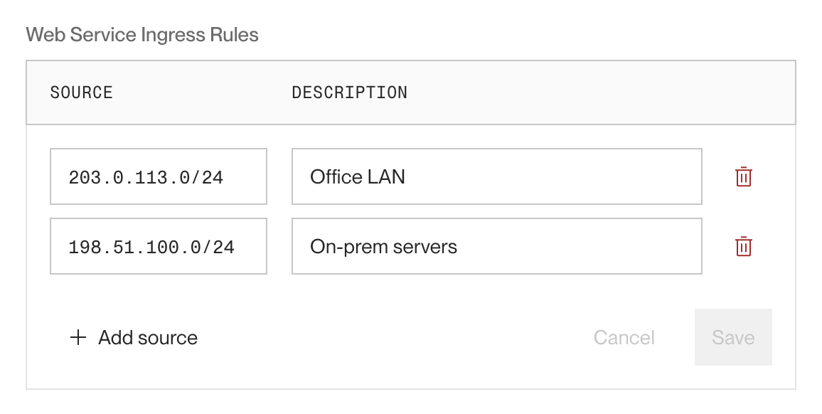 Setting inbound IP rules in the Render Dashboard