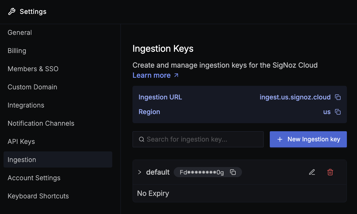 Ingestion keys in the Signoz Cloud dashboard
