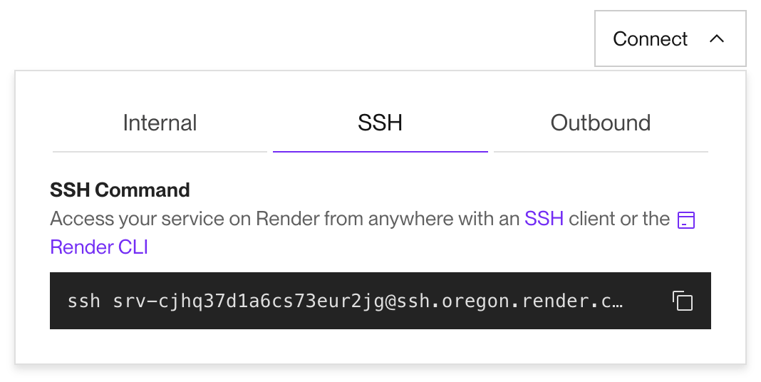 Obtaining a service's SSH command in the Render Dashboard